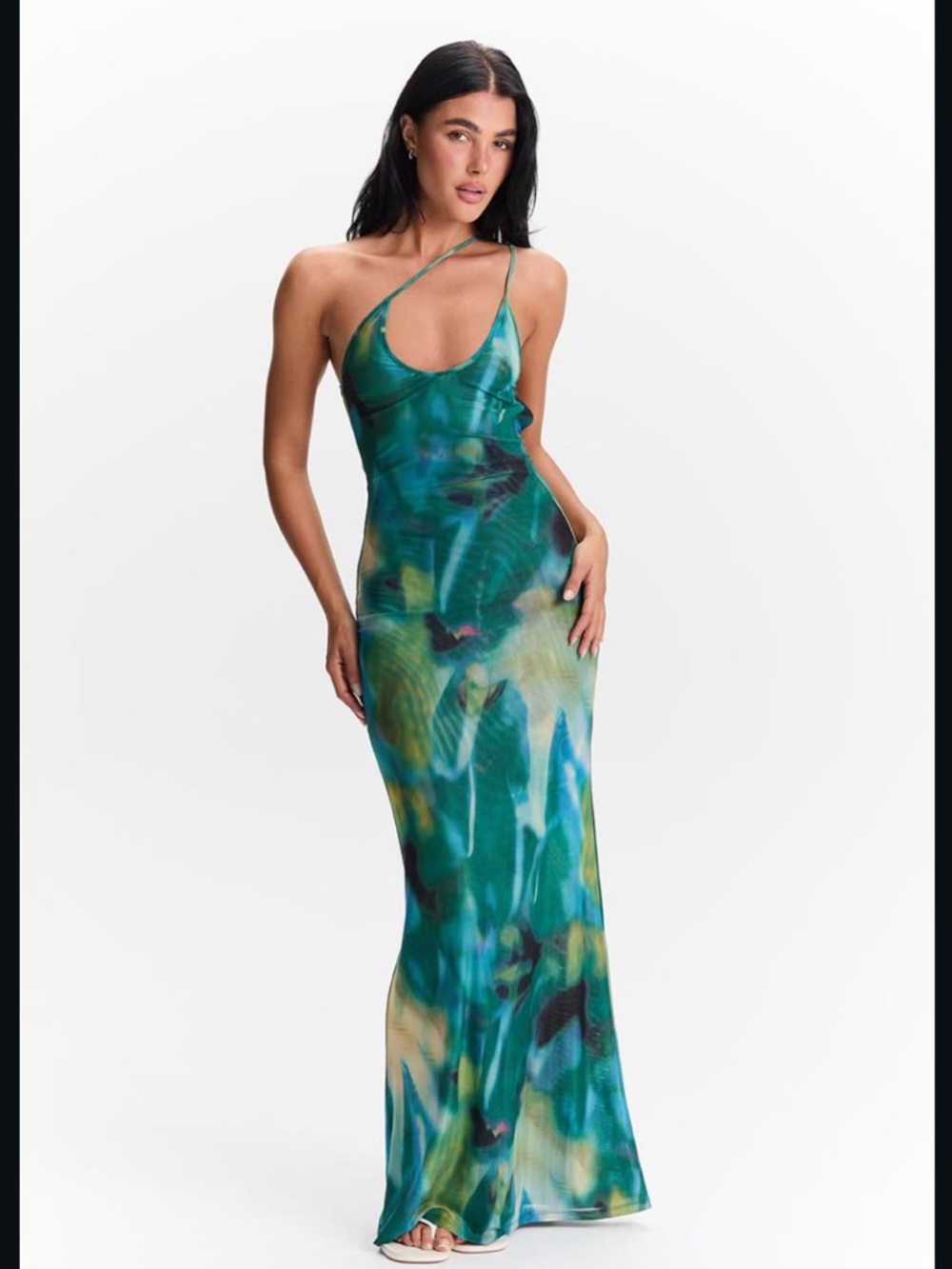One-Shoulder Teal Green Print Maxi Dress